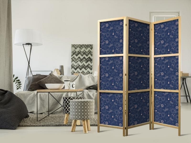Paravento giapponese - Cosmic Fantasy - Pattern with Suns - Moons - and Dragonflies on a Dark Background in Paraventi Collezione Casa - Trebisacce, commercioVirtuoso.it