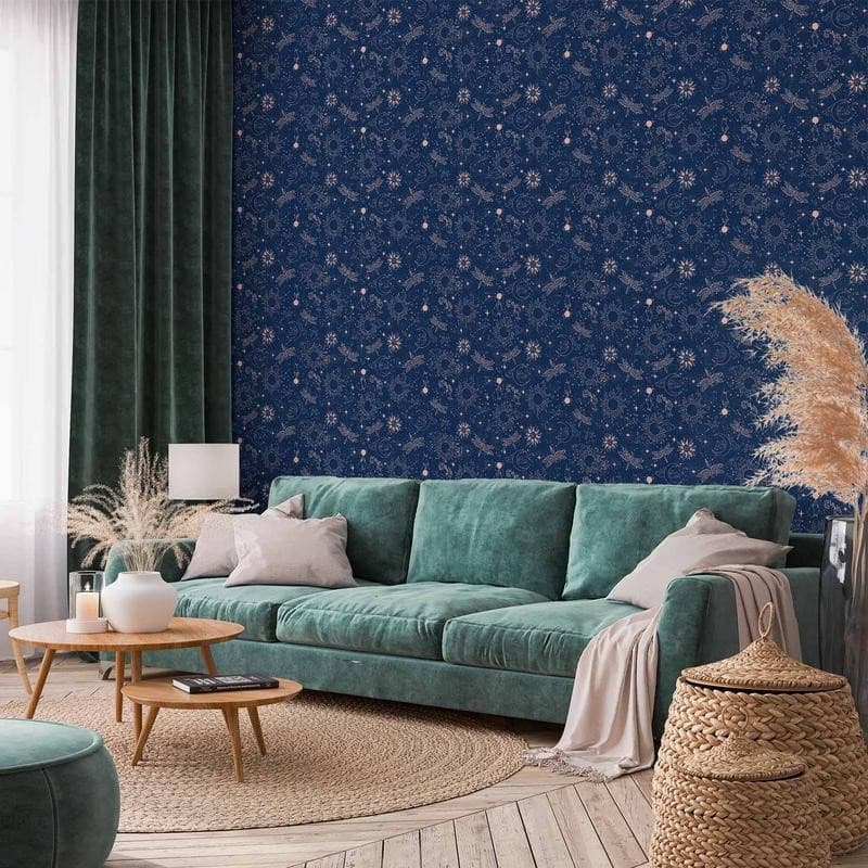 Tappezzeria murale - Cosmic Fantasy - Pattern with Suns - Moons - and Dragonflies on a Dark Background