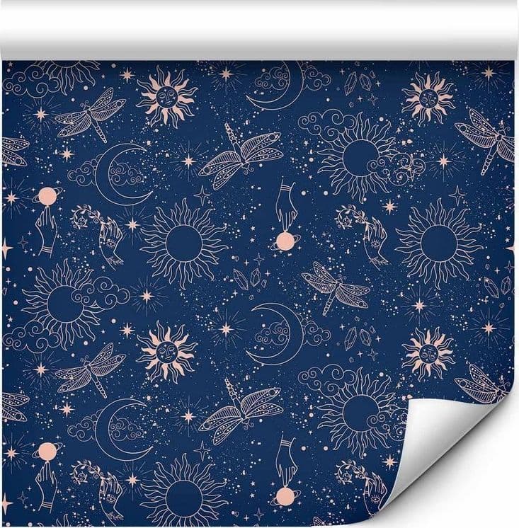 Tappezzeria murale - Cosmic Fantasy - Pattern with Suns - Moons - and Dragonflies on a Dark Background in Carta da parati Collezione Casa - Trebisacce, commercioVirtuoso.it
