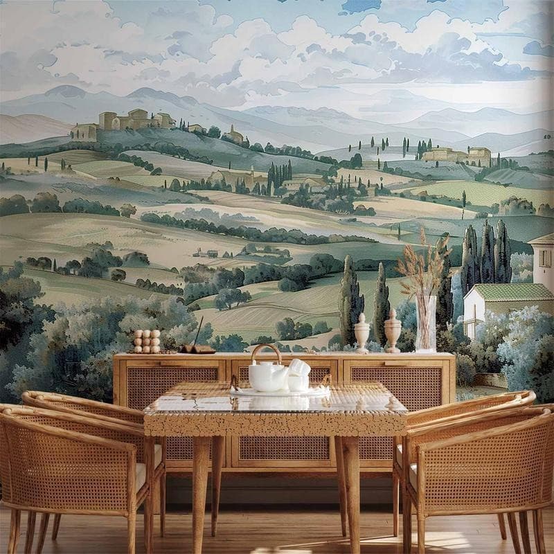 Carta da parati - Landscape with Green Fields and Trees Tuscan Sunny View in Carta da parati Collezione Casa - Trebisacce, commercioVirtuoso.it