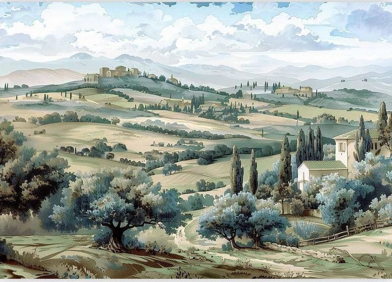 Carta da parati - Landscape with Green Fields and Trees Tuscan Sunny View in Carta da parati Collezione Casa - Trebisacce, commercioVirtuoso.it