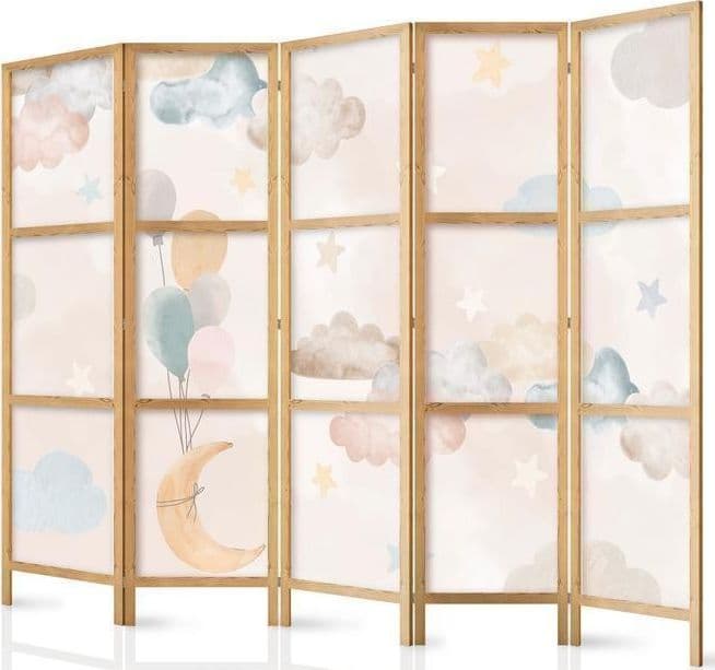 Paravento giapponese - Fairy-Tale Moon - Moon with balloons among clouds and stars in subdued colors on a light beige ba