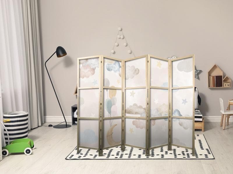 Paravento giapponese - Fairy-Tale Moon - Moon with balloons among clouds and stars in subdued colors on a light beige ba in Paraventi Collezione Casa - Trebisacce, commercioVirtuoso.it