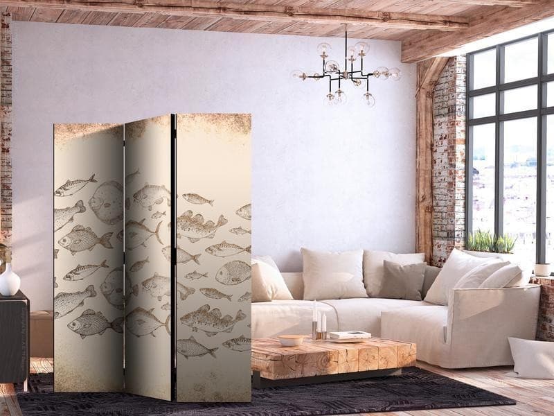 Paravento - Sketch of a Fish School - Sketches of Various Fish Species Swimming in a School on a Beige Background in Vin in Paraventi Collezione Casa - Trebisacce, commercioVirtuoso.it