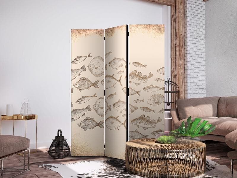 Paravento - Sketch of a Fish School - Sketches of Various Fish Species Swimming in a School on a Beige Background in Vin in Paraventi Collezione Casa - Trebisacce, commercioVirtuoso.it