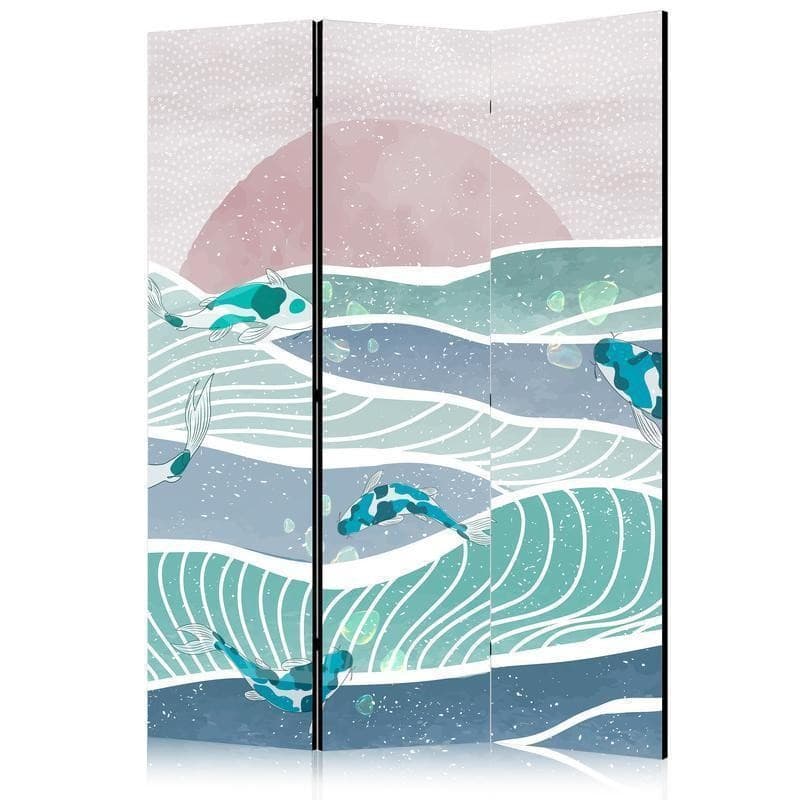 Paravento - Picturesque Landscape With Fish - Sunset And Koi Fish in Shades of Turquoise And Blue Floating Above The Wat in Paraventi Collezione Casa - Trebisacce, commercioVirtuoso.it