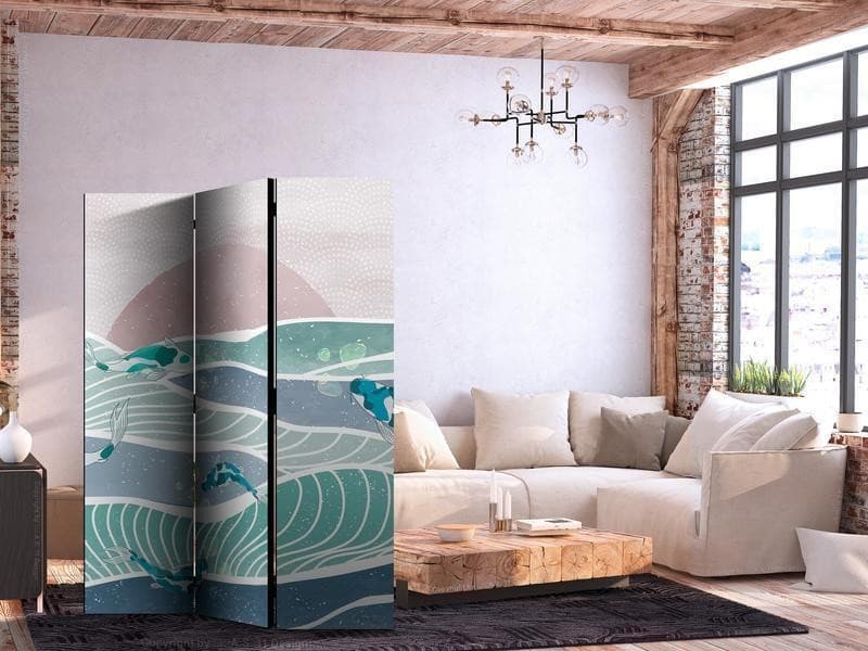 Paravento - Picturesque Landscape With Fish - Sunset And Koi Fish in Shades of Turquoise And Blue Floating Above The Wat in Paraventi Collezione Casa - Trebisacce, commercioVirtuoso.it