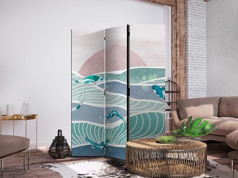 Paravento - Picturesque Landscape With Fish - Sunset And Koi Fish in Shades of Turquoise And Blue Floating Above The Wat in Paraventi Collezione Casa - Trebisacce, commercioVirtuoso.it