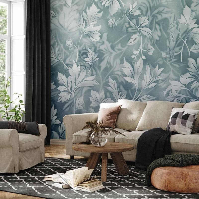 Carta da parati - Ornaments in Worn Muted Turquoises: Delicate Plant Pattern