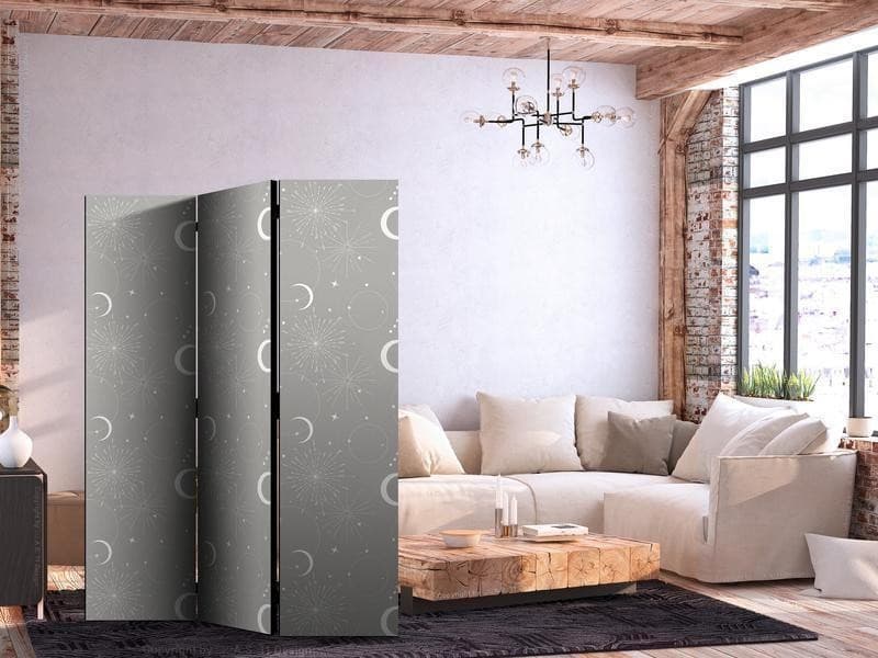 Paravento - Cosmic Fireworks - Elegant Pattern with Moons and Stars on a Gray Background in Schermi divisori e protettivi per giardino Collezione Casa - Trebisacce, commercioVirtuoso.it