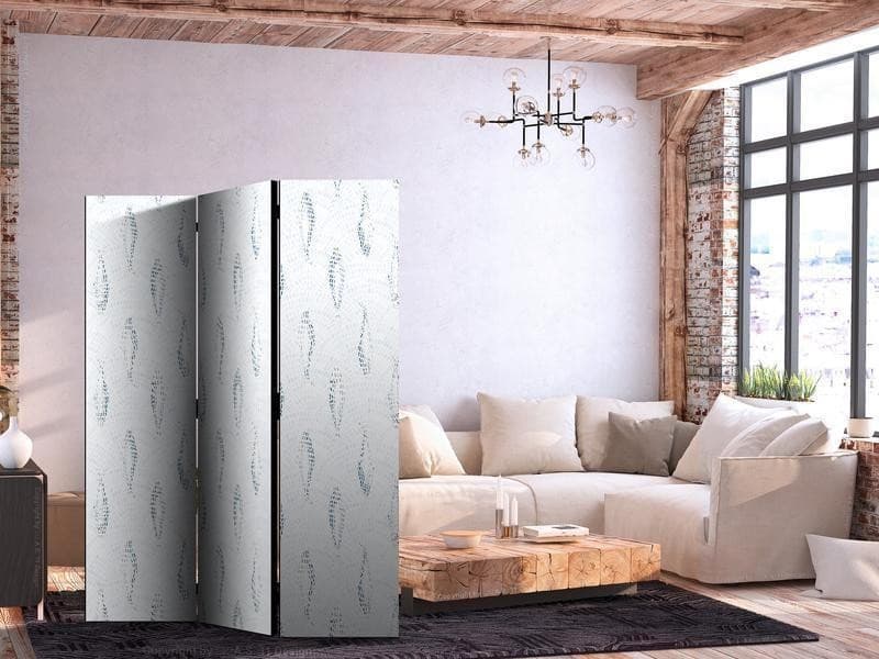 Paravento - Delicate Blue Fish - Mosaic Fish in Subtle Blue Color Shades with an Arched Pattern in the Background in Paraventi Collezione Casa - Trebisacce, commercioVirtuoso.it