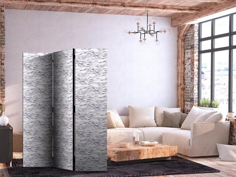 Paravento - Fish in Subdued Colors - Shoal of Small Fish in Light Purple and Delicate Pink Against Gray Waves in Paraventi Collezione Casa - Trebisacce, commercioVirtuoso.it