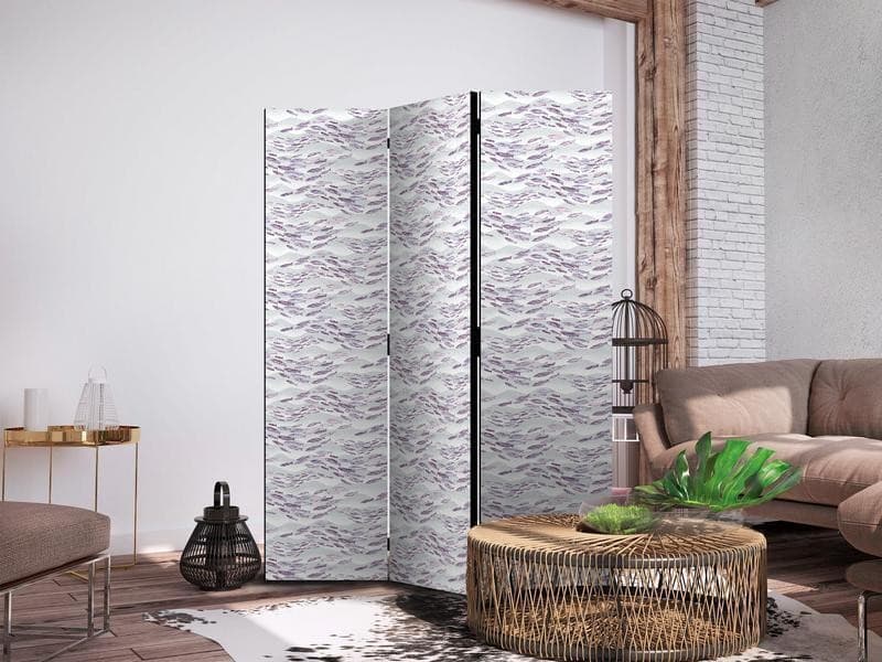 Paravento - Fish in Subdued Colors - Shoal of Small Fish in Light Purple and Delicate Pink Against Gray Waves in Paraventi Collezione Casa - Trebisacce, commercioVirtuoso.it
