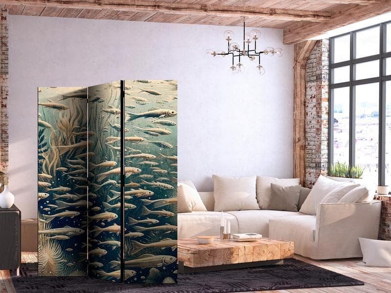 Paravento - Life in the Ocean - Underwater World of Fish and Vegetation in Beige and Navy Colors in Retro Style in Paraventi Collezione Casa - Trebisacce, commercioVirtuoso.it