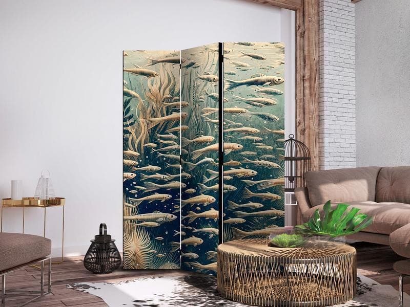 Paravento - Life in the Ocean - Underwater World of Fish and Vegetation in Beige and Navy Colors in Retro Style in Paraventi Collezione Casa - Trebisacce, commercioVirtuoso.it