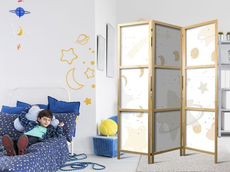 Paravento giapponese - Fairy-Tale Galaxy - Moon Phases in Shades of Yellow Among Stars in Beige and Ash Colors with Star in Paraventi Collezione Casa - Trebisacce, commercioVirtuoso.it