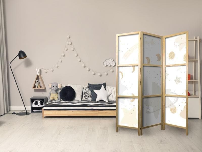 Paravento giapponese - Fairy-Tale Galaxy - Moon Phases in Shades of Yellow Among Stars in Beige and Ash Colors with Star in Paraventi Collezione Casa - Trebisacce, commercioVirtuoso.it
