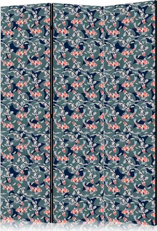 Paravento - Fish Among Leaves - Colorful Koi Fish Among Dark Green Water Lily Leaves on a Navy Blue Water Surface in Paraventi Collezione Casa - Trebisacce, commercioVirtuoso.it