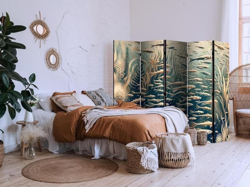 Paravento - Life in The Ocean - Underwater World of Fish And Vegetation in Beige And Navy Colors in Retro Style in Paraventi Collezione Casa - Trebisacce, commercioVirtuoso.it