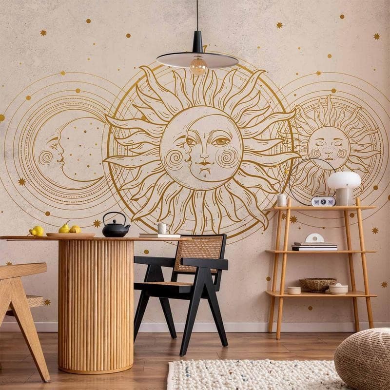 Carta da parati - Golden Sun and Moon - Artistic Illustration in Retro Style in Carta da parati Collezione Casa - Trebisacce, commercioVirtuoso.it