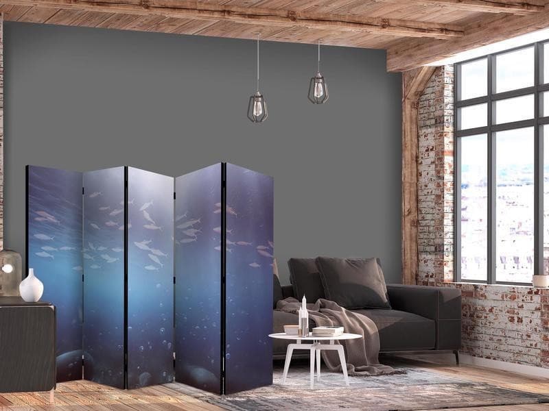 Paravento - School of Small Fish - Illuminated Oceanic Depth in Shades of Navy Purple and Gray with a Shoal of Tiny Fish in Schermi divisori e protettivi per giardino Collezione Casa - Trebisacce, commercioVirtuoso.it