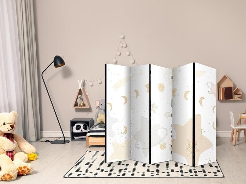 Paravento - Fairy-Tale Galaxy - Moon Phases in Shades of Yellow Among Stars in Beige and Ash Colors with Stardust in Paraventi Collezione Casa - Trebisacce, commercioVirtuoso.it