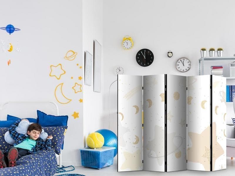 Paravento - Fairy-Tale Galaxy - Moon Phases in Shades of Yellow Among Stars in Beige and Ash Colors with Stardust in Paraventi Collezione Casa - Trebisacce, commercioVirtuoso.it