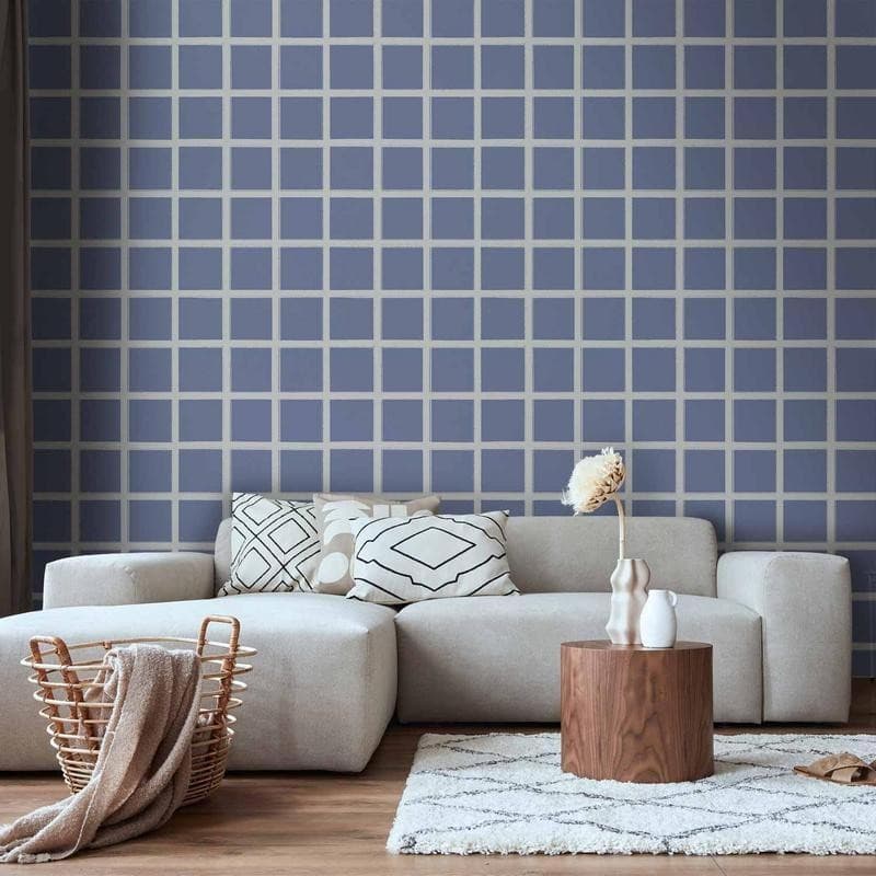 Tappezzeria murale - Lines and Symmetry - Expressive White Grid on a Blue Background in Carta da parati Collezione Casa - Trebisacce, commercioVirtuoso.it