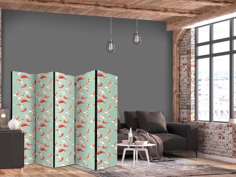 Paravento - Fish And Japanese Pattern - Koi Fish in Orange-Cream Colors on a Green-Mint Background With An Oriental Patt in Paraventi Collezione Casa - Trebisacce, commercioVirtuoso.it