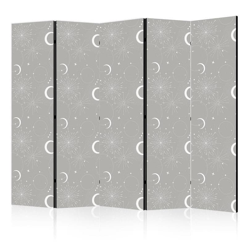 Paravento - Cosmic Fireworks - Elegant Pattern with Moons and Stars on a Gray Background in Paraventi Collezione Casa - Trebisacce, commercioVirtuoso.it