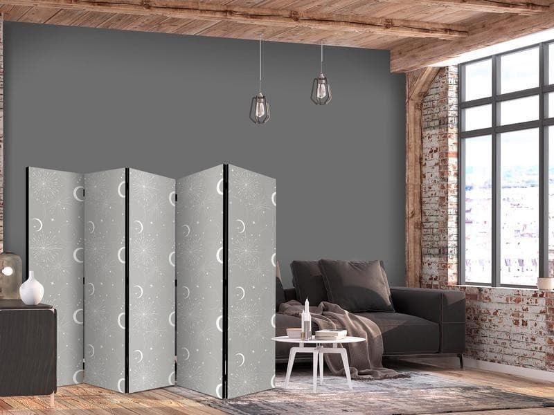Paravento - Cosmic Fireworks - Elegant Pattern with Moons and Stars on a Gray Background in Paraventi Collezione Casa - Trebisacce, commercioVirtuoso.it