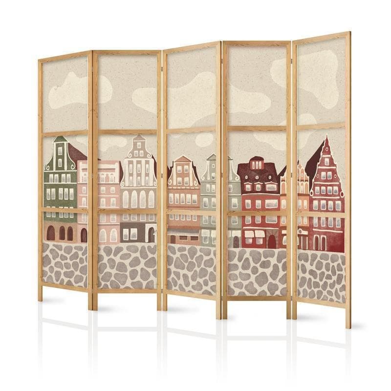 Paravento giapponese - Solny Square - Colorfully Illustrated Townhouses Against a Sky with Clouds
