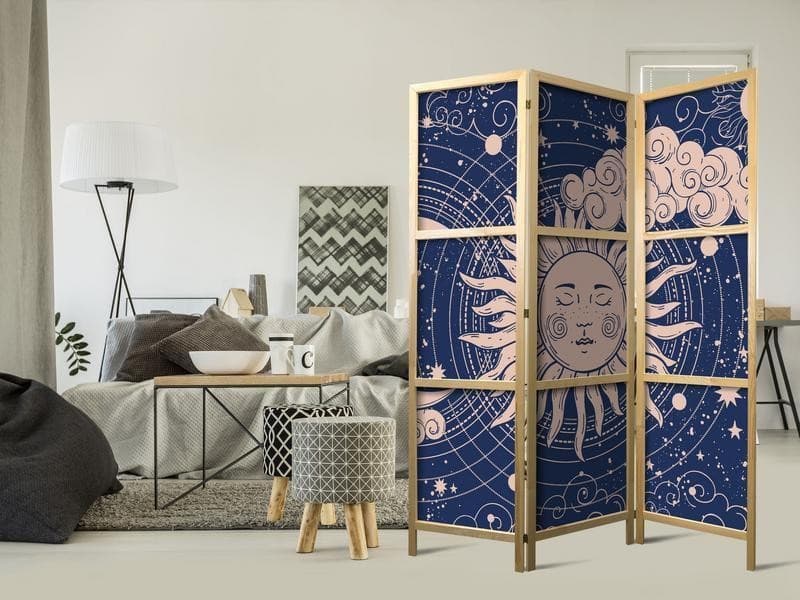 Paravento giapponese - Cosmic Harmony - Illustration of the Sun and Moon on a Navy Background in Paraventi Collezione Casa - Trebisacce, commercioVirtuoso.it