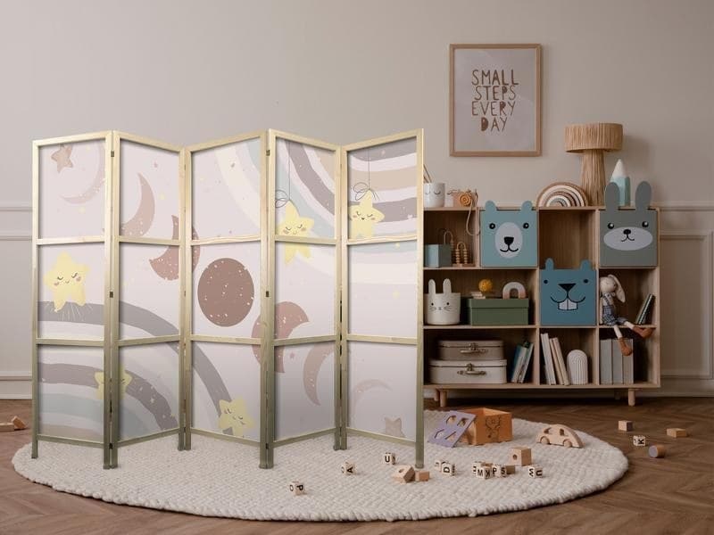 Paravento giapponese - Joyful Sky - Yellow cheerful stars with a rainbow against the moon phases - in the sky colored li in Paraventi Collezione Casa - Trebisacce, commercioVirtuoso.it