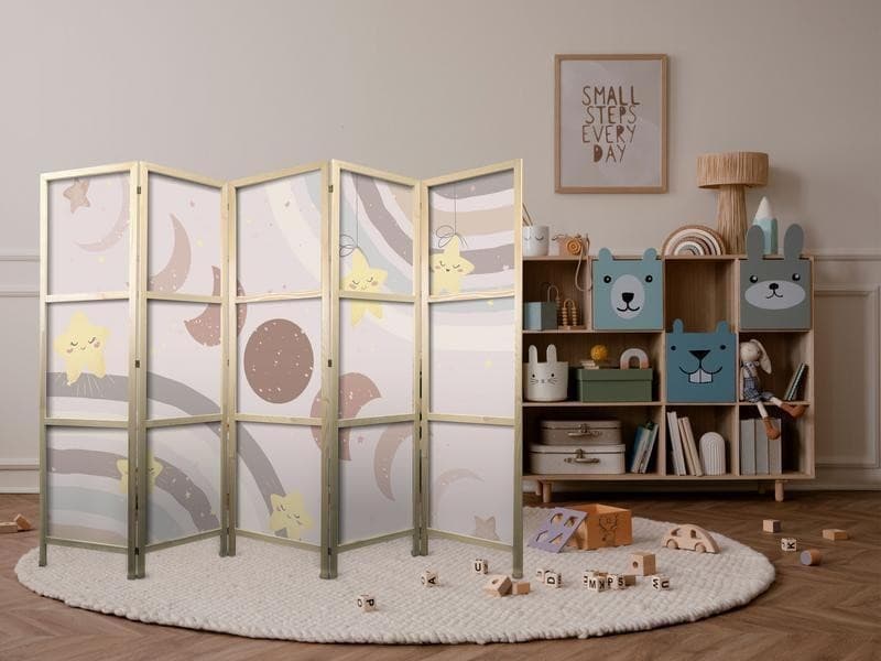 Paravento giapponese - Joyful Sky - Yellow cheerful stars with a rainbow against the moon phases - in the sky colored li in Paraventi Collezione Casa - Trebisacce, commercioVirtuoso.it