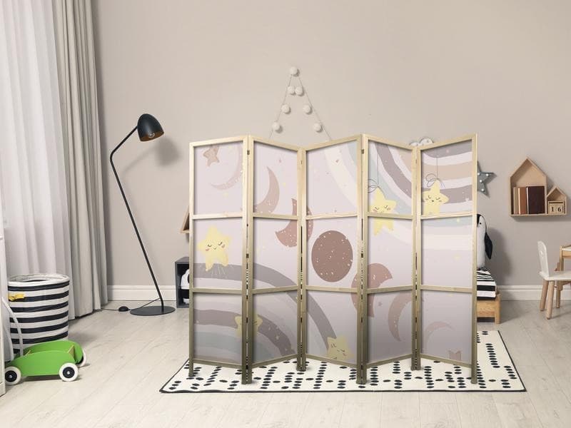 Paravento giapponese - Joyful Sky - Yellow cheerful stars with a rainbow against the moon phases - in the sky colored li in Paraventi Collezione Casa - Trebisacce, commercioVirtuoso.it