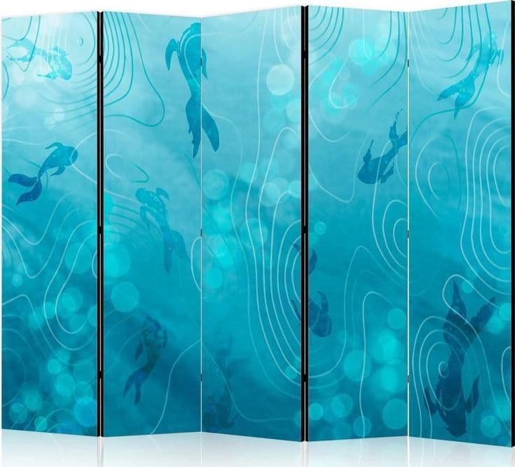 Paravento - Koi Fish Beneath the Water Surface - A Cluster of Japanese Fish in the Depths of the Pond in Shades of Navy