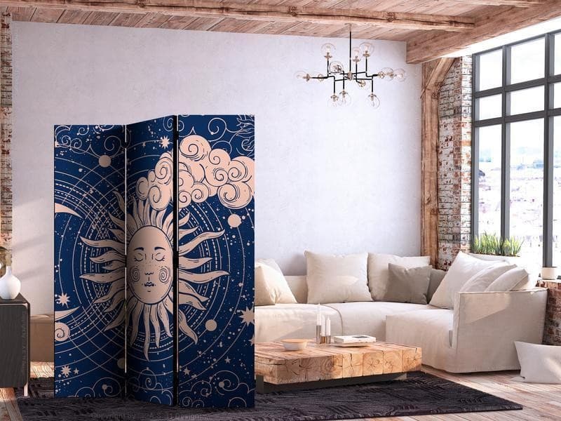 Paravento - Cosmic Harmony - Illustration of the Sun and Moon on a Navy Background in Paraventi Collezione Casa - Trebisacce, commercioVirtuoso.it