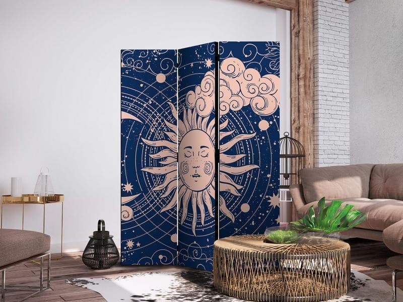 Paravento - Cosmic Harmony - Illustration of the Sun and Moon on a Navy Background in Paraventi Collezione Casa - Trebisacce, commercioVirtuoso.it