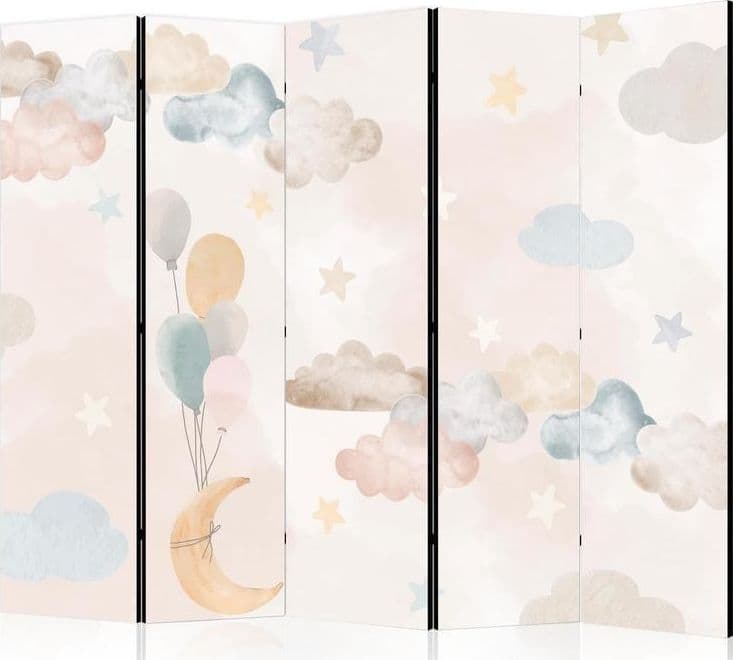 Paravento - Fairy-Tale Moon - Moon with Balloons Among Clouds and Stars in Subdued Colors on a Light Beige Background in Paraventi Collezione Casa - Trebisacce, commercioVirtuoso.it