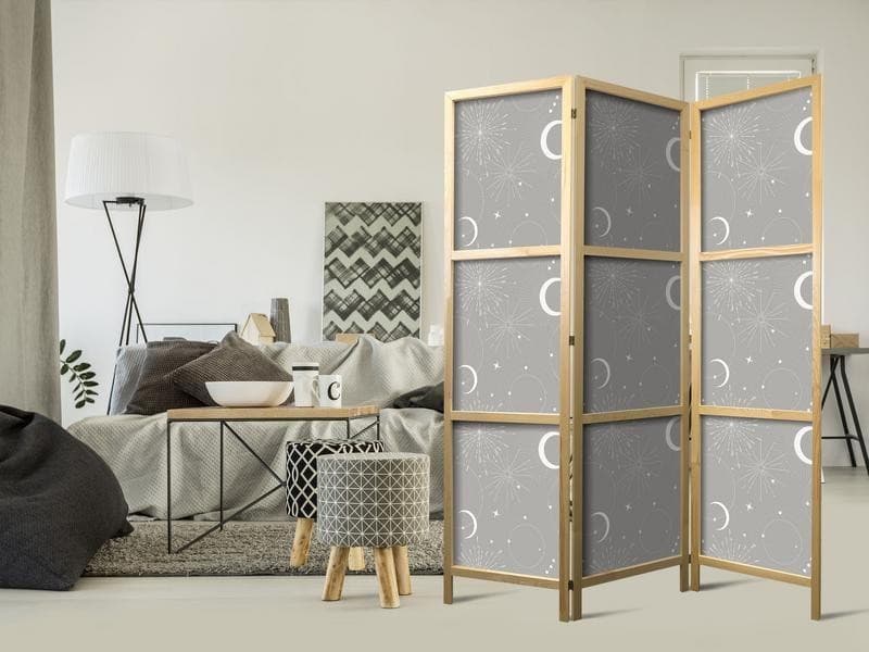 Paravento giapponese - Cosmic Fireworks - Elegant Pattern with Moons and Stars on a Gray Background in Paraventi Collezione Casa - Trebisacce, commercioVirtuoso.it