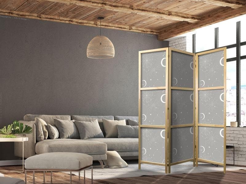 Paravento giapponese - Cosmic Fireworks - Elegant Pattern with Moons and Stars on a Gray Background in Paraventi Collezione Casa - Trebisacce, commercioVirtuoso.it