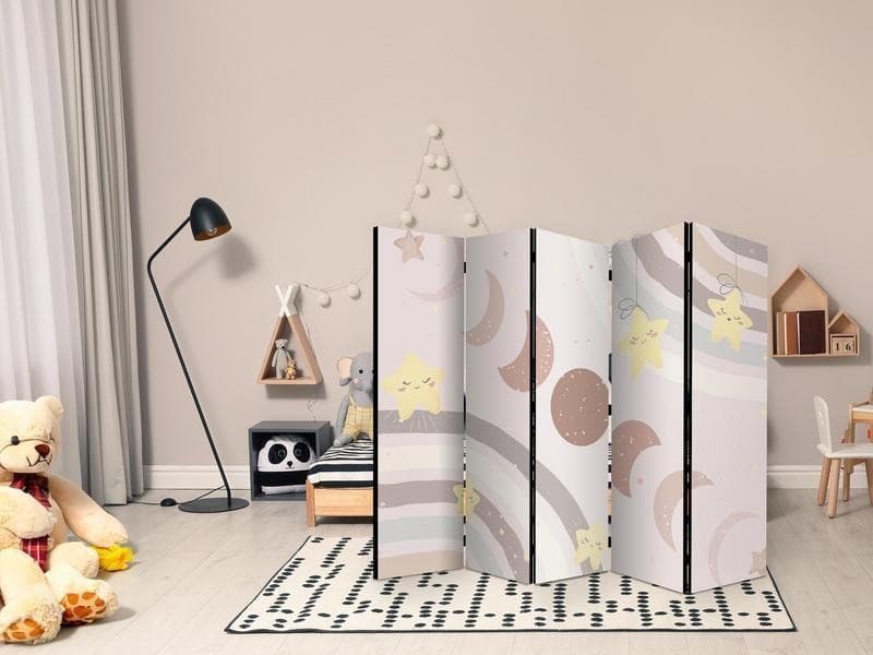 Paravento - Joyful Sky - Yellow Cheerful Stars with a Rainbow Against the Phases of the Moon - in the Sky Colored Light in Paraventi Collezione Casa - Trebisacce, commercioVirtuoso.it