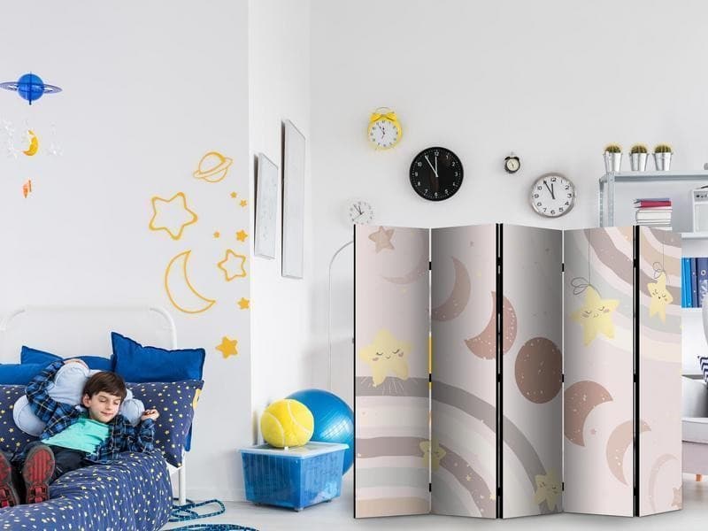 Paravento - Joyful Sky - Yellow Cheerful Stars with a Rainbow Against the Phases of the Moon - in the Sky Colored Light in Paraventi Collezione Casa - Trebisacce, commercioVirtuoso.it