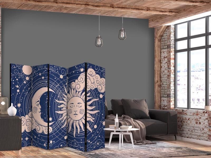 Paravento - Cosmic Harmony - Illustration of the Sun and Moon on a Navy Background in Paraventi Collezione Casa - Trebisacce, commercioVirtuoso.it