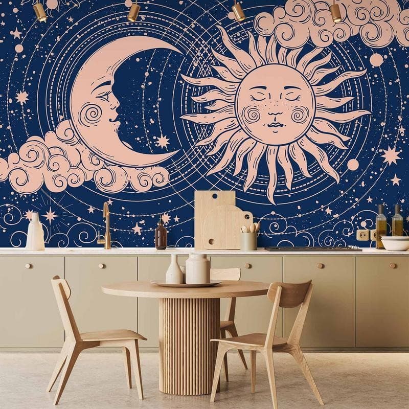 Carta da parati - Cosmic Harmony - Illustration of the Sun and Moon on a Navy Background in Carta da parati Collezione Casa - Trebisacce, commercioVirtuoso.it