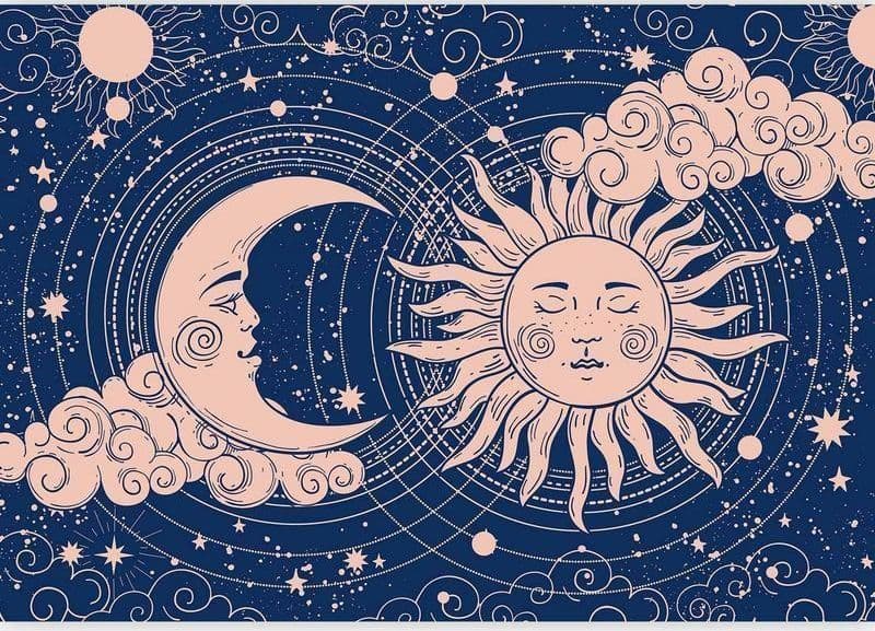 Carta da parati - Cosmic Harmony - Illustration of the Sun and Moon on a Navy Background in Carta da parati Collezione Casa - Trebisacce, commercioVirtuoso.it