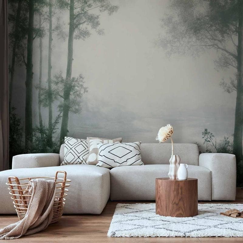Carta da parati - Retro Landscape - Grove Trees and Pond in Patinated Shades of Green in Carta da parati Collezione Casa - Trebisacce, commercioVirtuoso.it