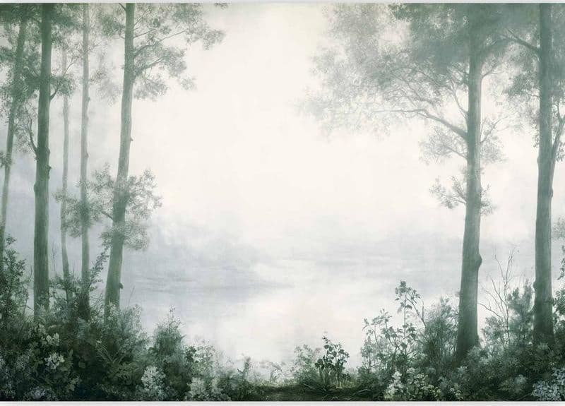 Carta da parati - Retro Landscape - Grove Trees and Pond in Patinated Shades of Green in Carta da parati Collezione Casa - Trebisacce, commercioVirtuoso.it