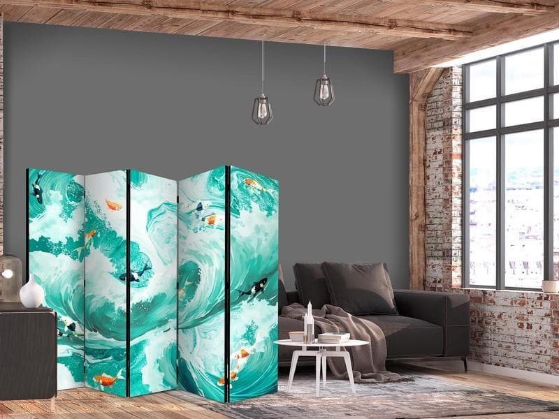 Paravento - Koi Fish Among Waves - Japanese Fish Amid Waves in Shades of Turquoise And White in Paraventi Collezione Casa - Trebisacce, commercioVirtuoso.it